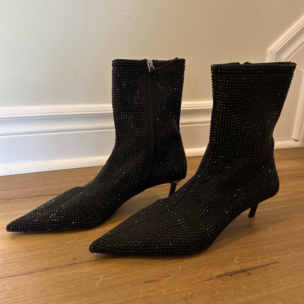 Zara Black Rhinestone Ankle Kitten Heel Boots
